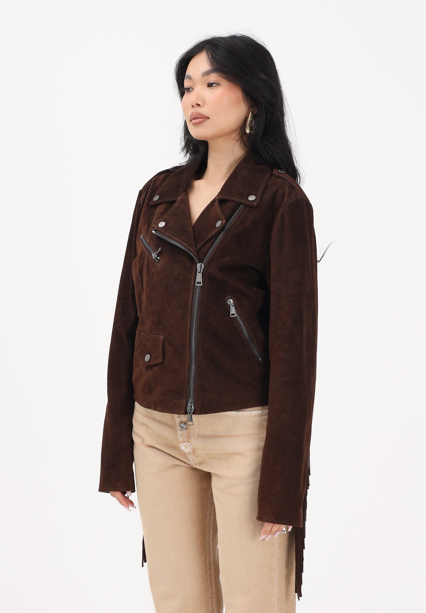 VICOLO Giubbotto moro da donna in morbido suede con frange TAB0172 ABU68 VICOLO 