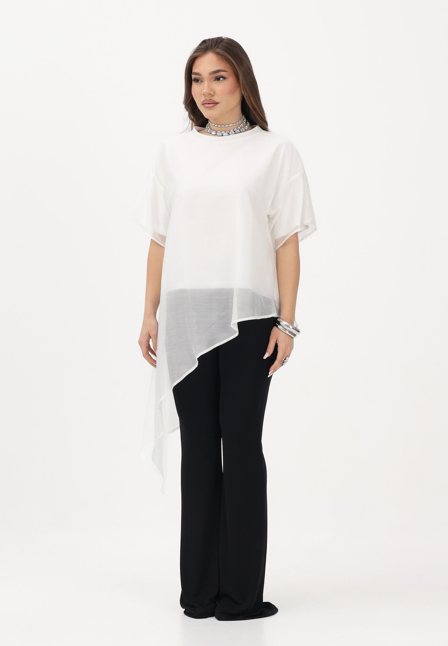 VICOLO T-shirt a manica corta bianca da donna in tessuto velato UAB018 BI VICOLO 