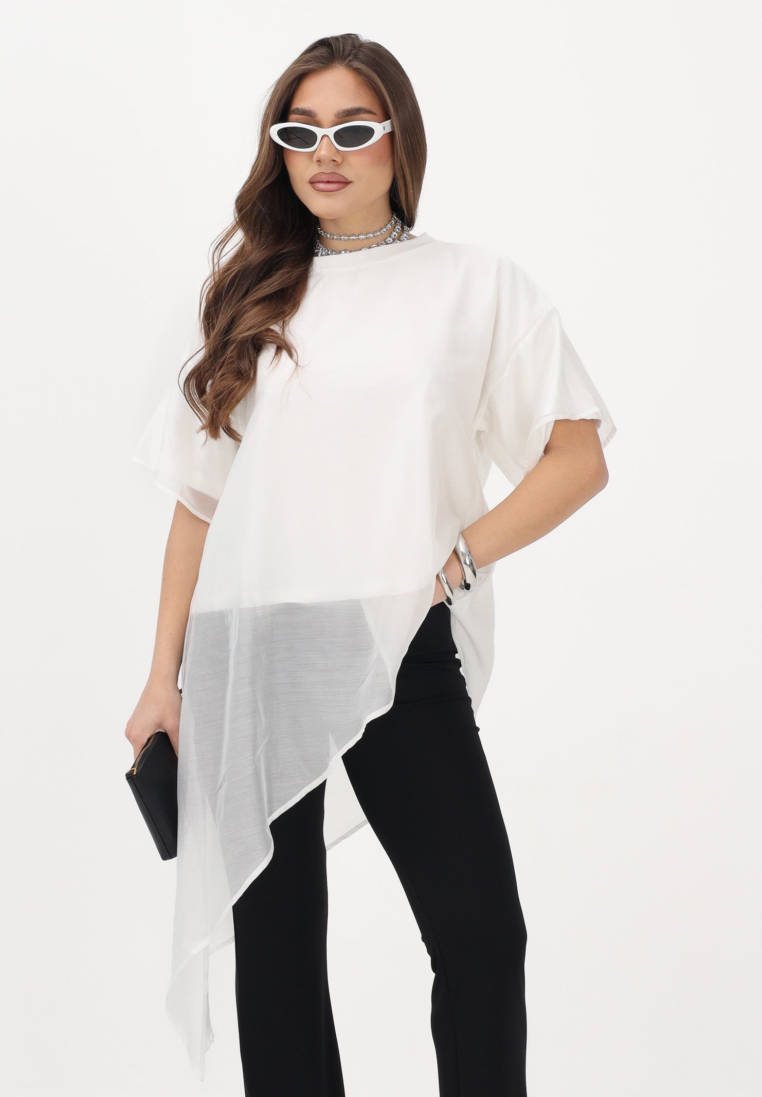 VICOLO T-shirt a manica corta bianca da donna in tessuto velato UAB018 BI VICOLO 