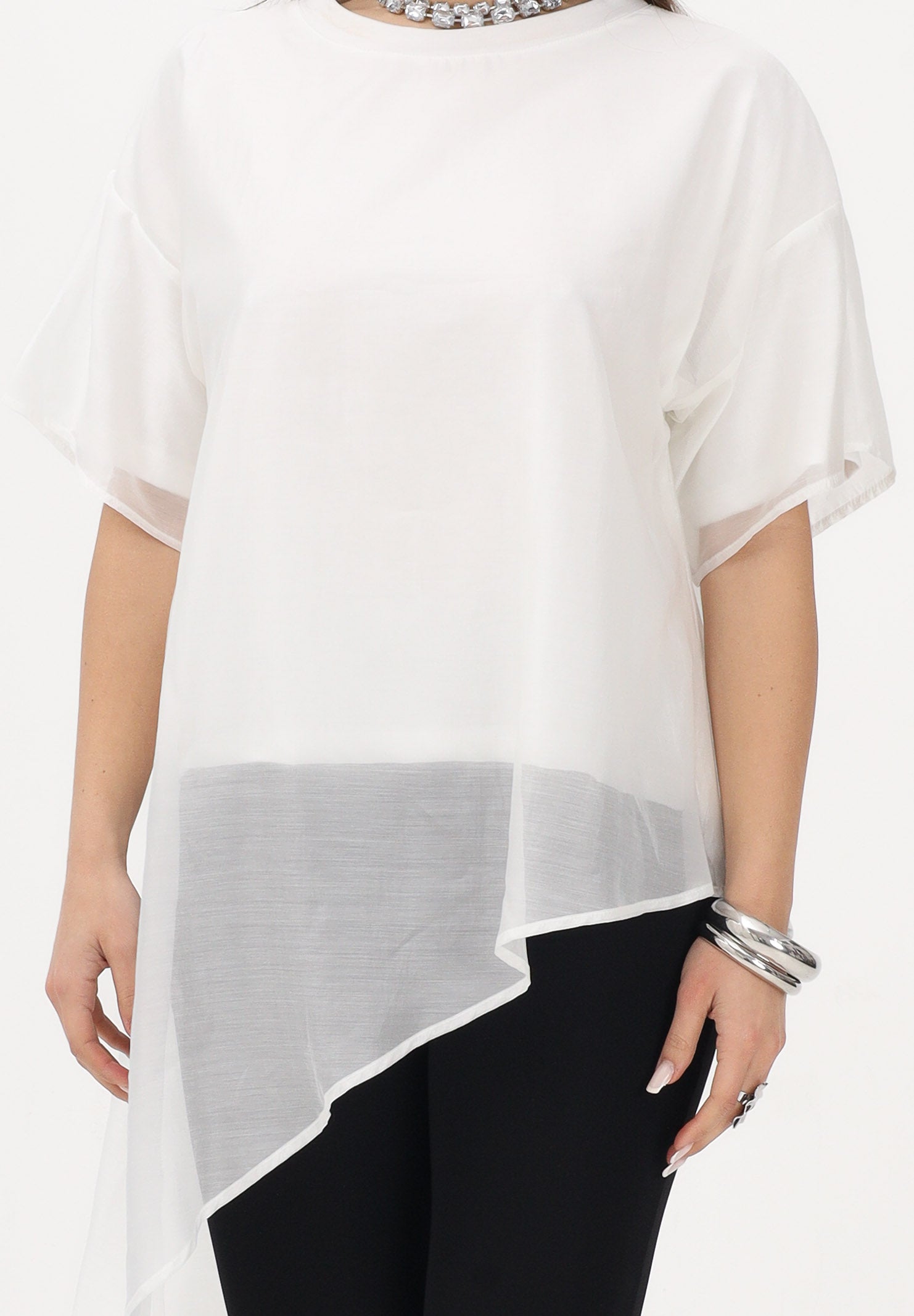 VICOLO T-shirt a manica corta bianca da donna in tessuto velato UAB018 BI VICOLO 
