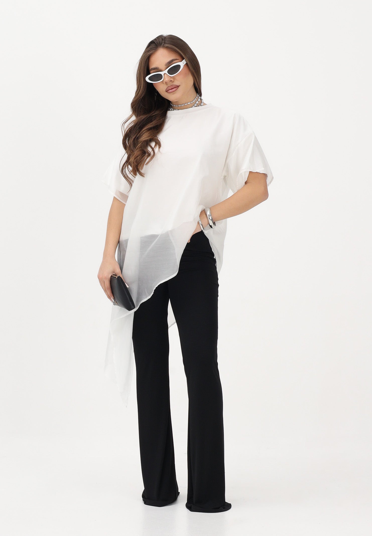 VICOLO T-shirt a manica corta bianca da donna in tessuto velato UAB018 BI VICOLO 