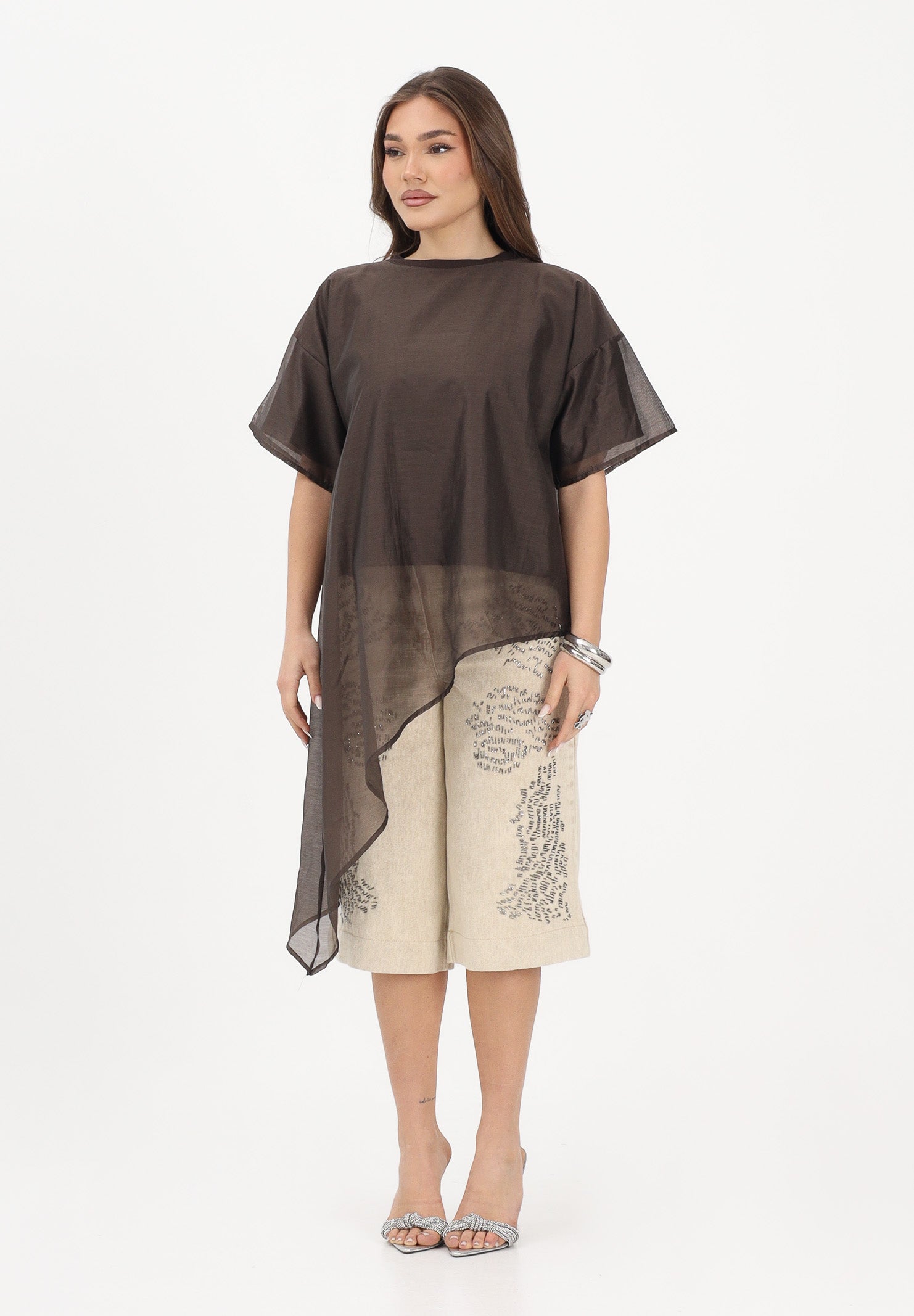 VICOLO T-shirt a manica corta marrone da donna in tessuto velato UAB018 MO VICOLO 
