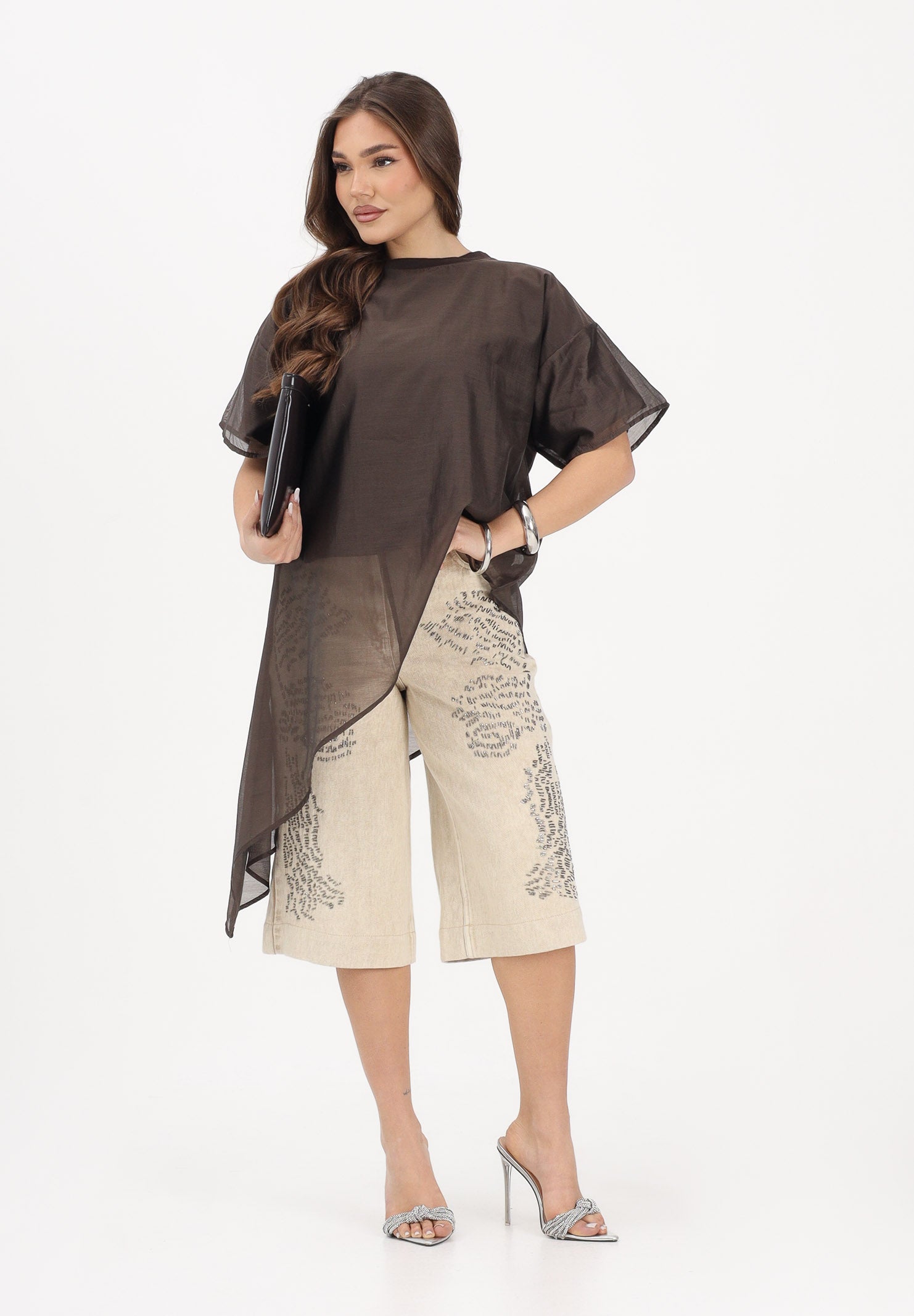 VICOLO T-shirt a manica corta marrone da donna in tessuto velato UAB018 MO VICOLO 