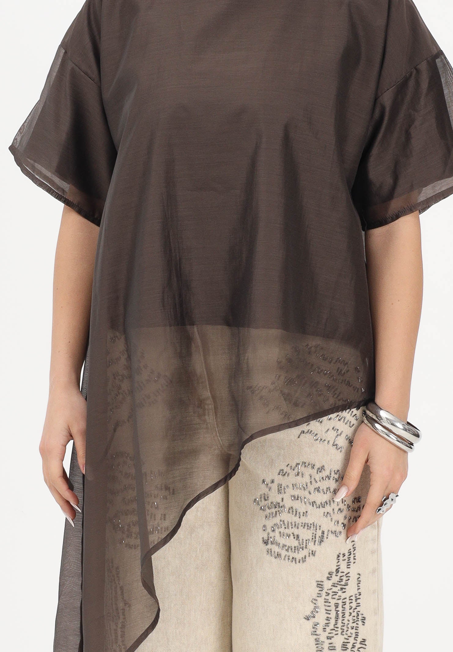 VICOLO T-shirt a manica corta marrone da donna in tessuto velato UAB018 MO VICOLO 