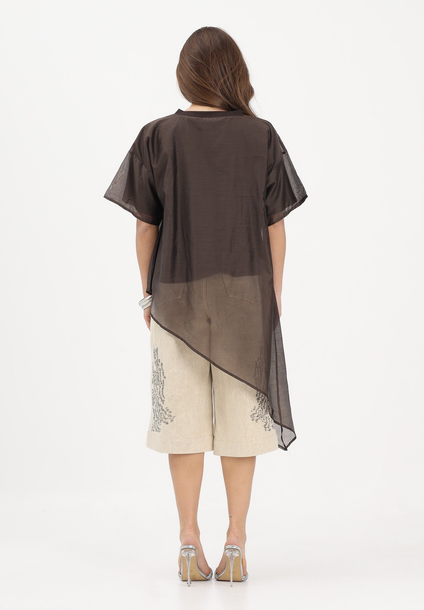 VICOLO T-shirt a manica corta marrone da donna in tessuto velato UAB018 MO VICOLO 