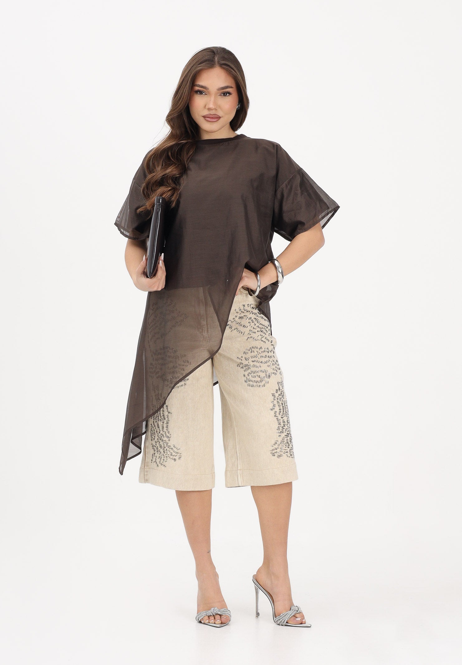 VICOLO T-shirt a manica corta marrone da donna in tessuto velato UAB018 MO VICOLO 