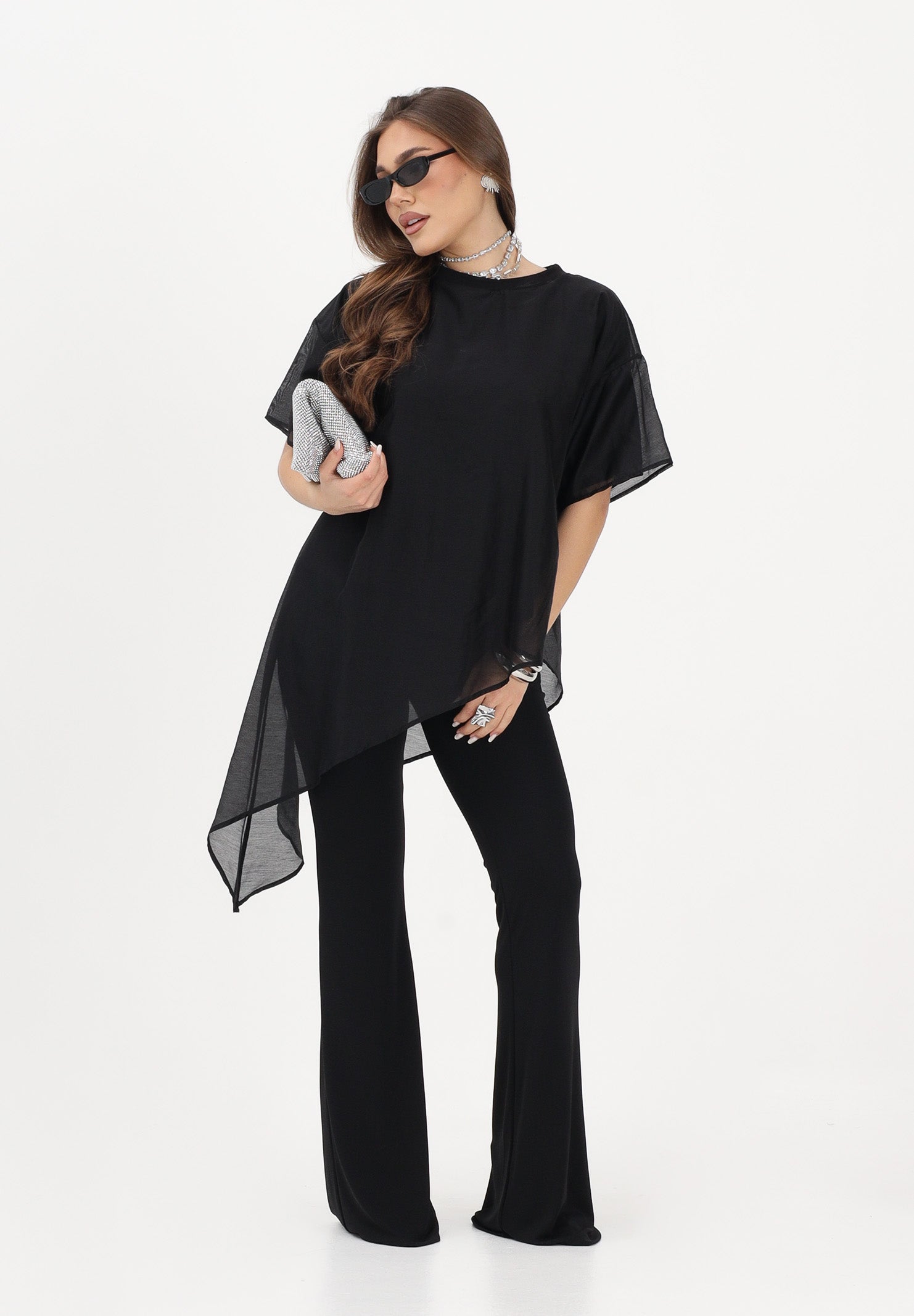 VICOLO T-shirt a manica corta nera da donna in tessuto velato UAB018 NE VICOLO 