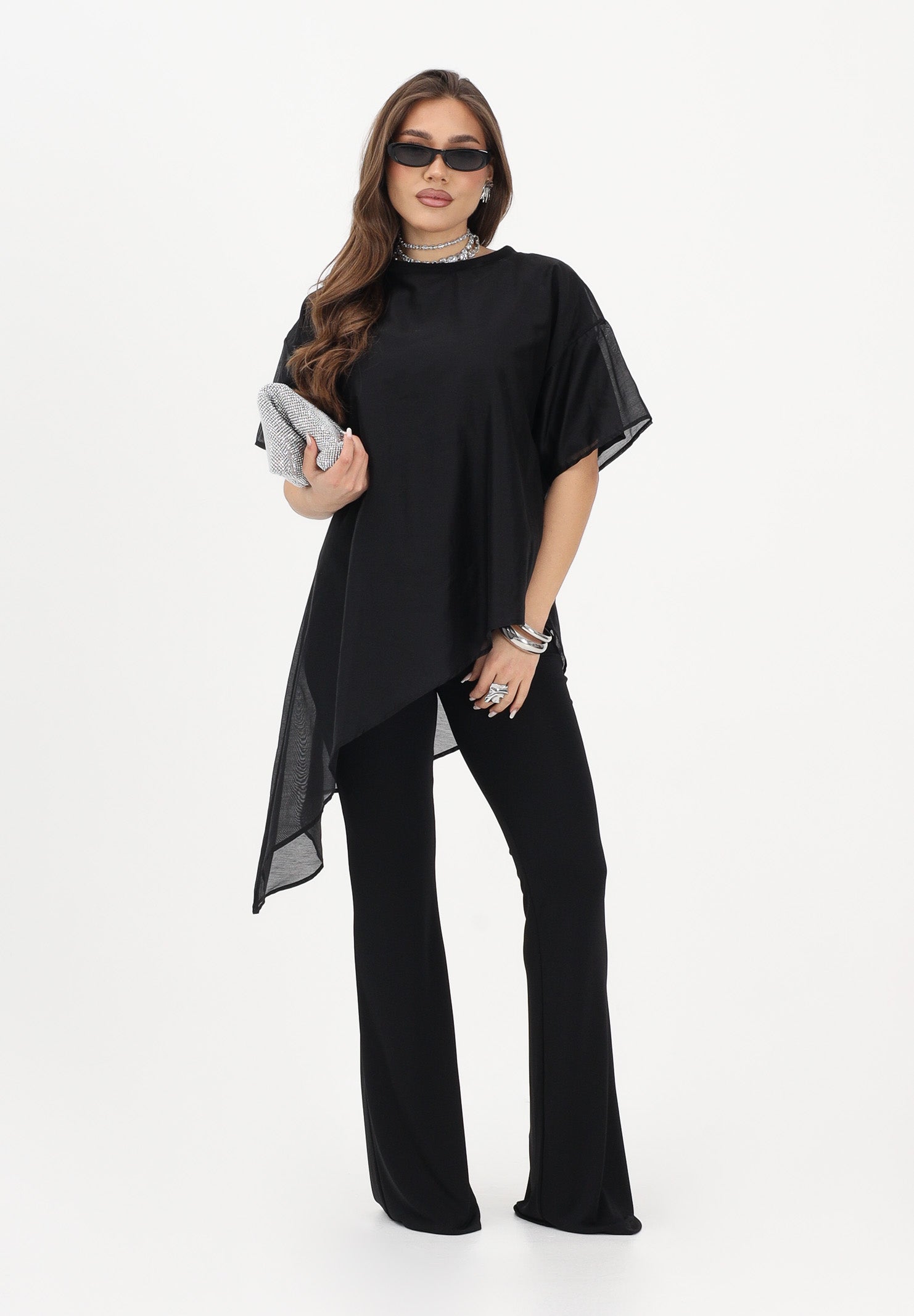 VICOLO T-shirt a manica corta nera da donna in tessuto velato UAB018 NE VICOLO 