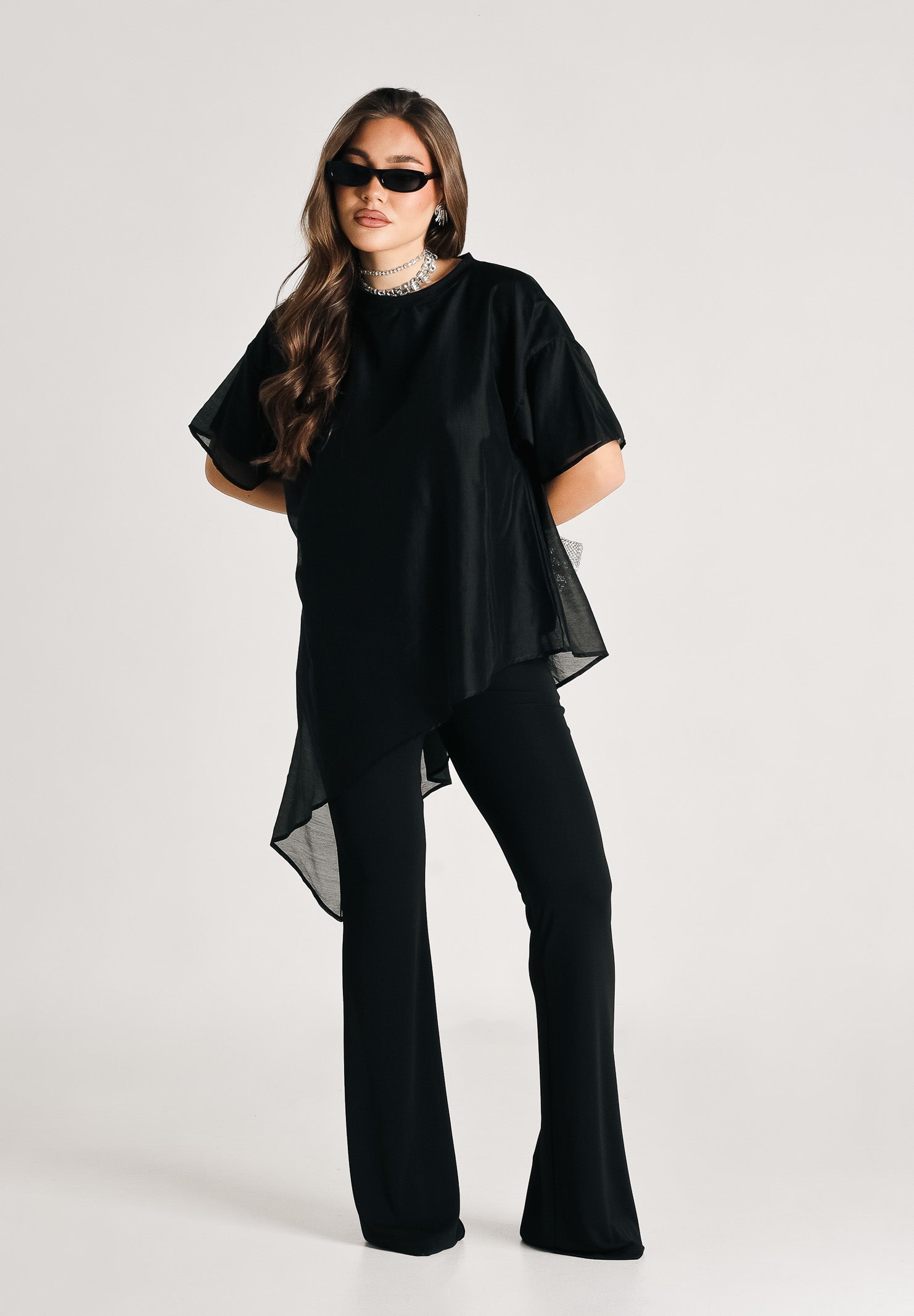 VICOLO T-shirt a manica corta nera da donna in tessuto velato UAB018 NE VICOLO 