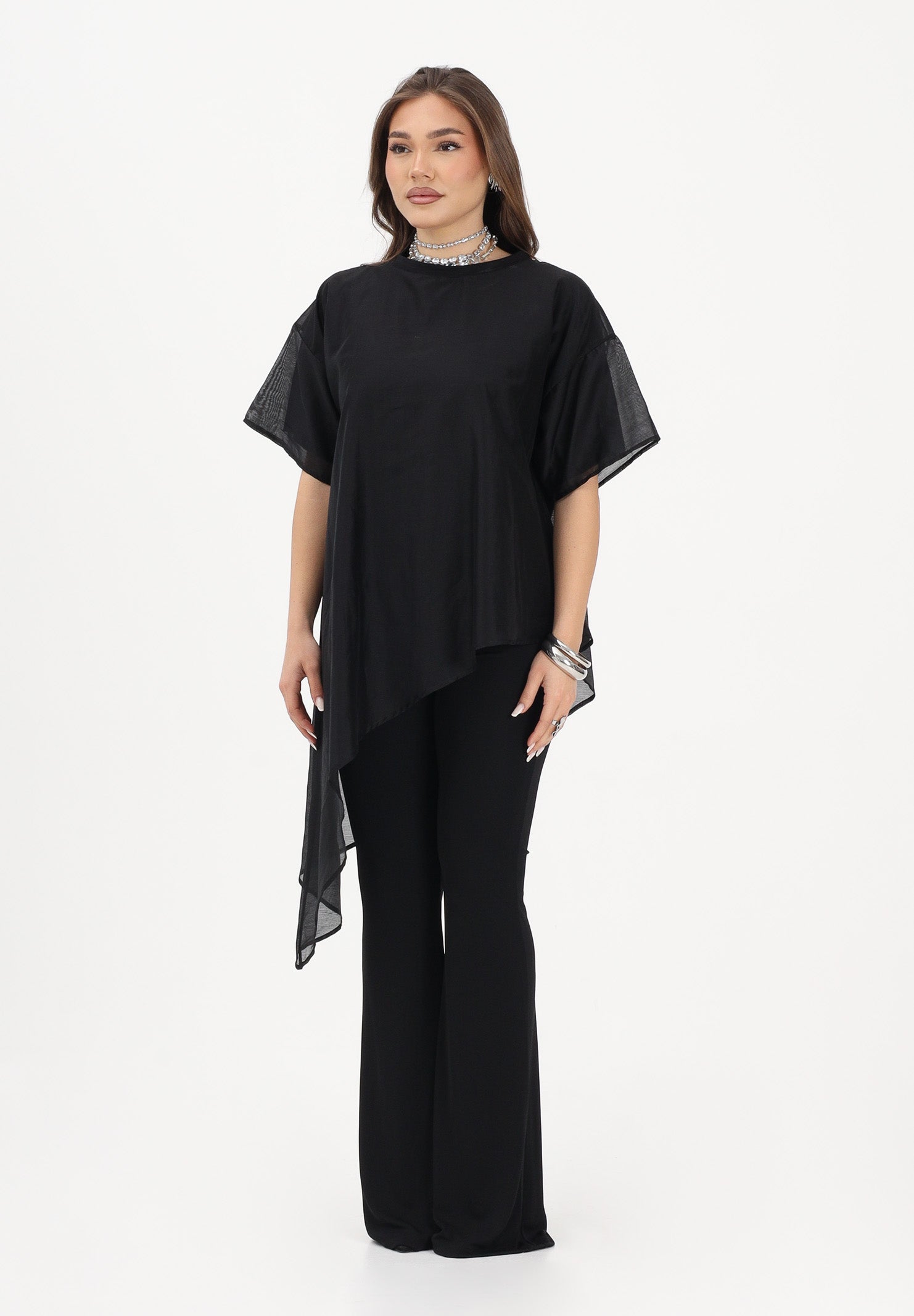 VICOLO T-shirt a manica corta nera da donna in tessuto velato UAB018 NE VICOLO 