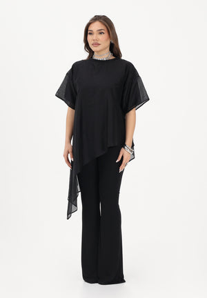 VICOLO T-shirt a manica corta nera da donna in tessuto velato UAB018 NE VICOLO 