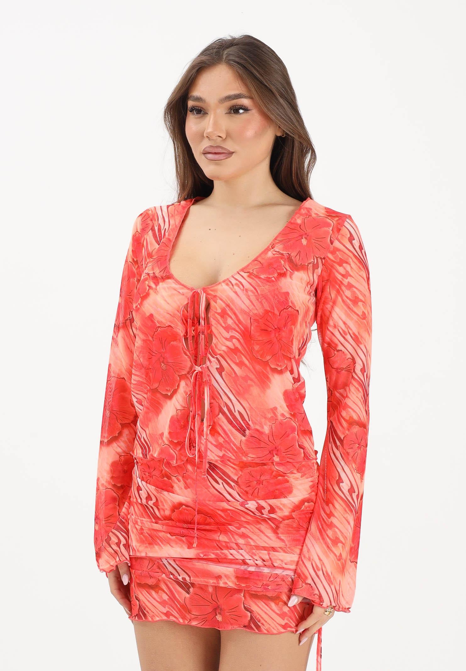 ME FUI Top a manica lunga rosso corallo da donna con fantasia tropicale MF26-SW0316X12 . ME FUI 