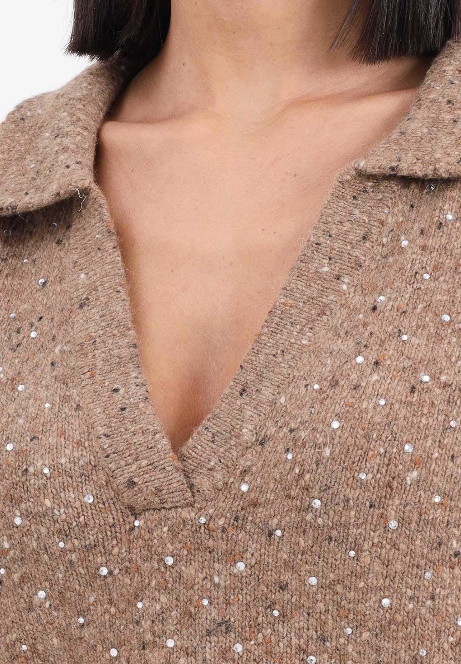 PINKO Maglioncino con scollo a V beige da donna realizzato in morbido tessuto con strass 105684A2U4 C3Z PINKO 