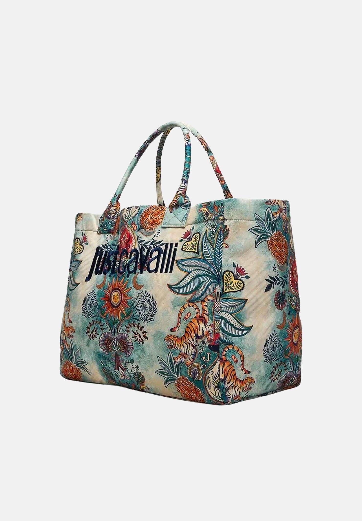 JUST CAVALLI Borsa mare panna e azzurra da donna con stampa artistica all-over 80RA4BS1ZG426 R86 JUST CAVALLI 
