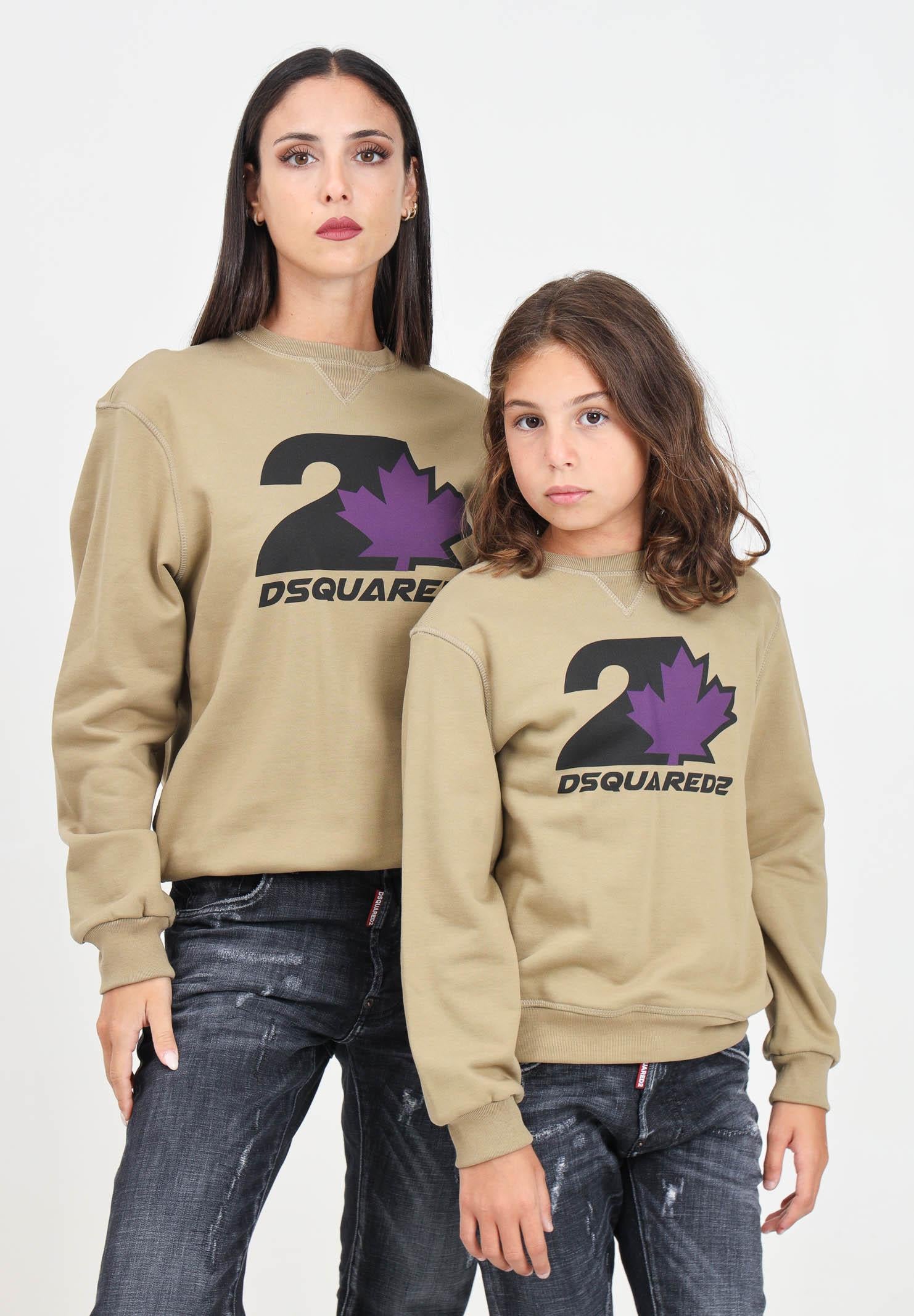 Felpa girocollo color fango per donna e bambina con stampa logo DQ2469D0094 DQ719 DSQUARED2 