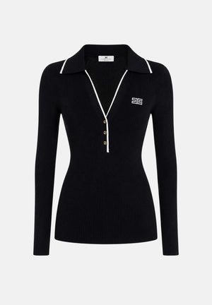 ELISABETTA FRANCHI Polo in lana a costine da donna, colore nero con dettagli burro. MK17B66E2 685 ELISABETTA FRANCHI 