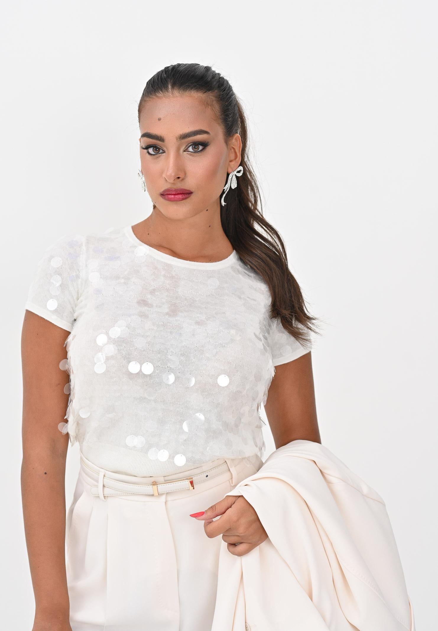 MAX MARA Maglia a manica corta Saio panna da donna con paillettes