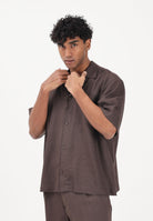 I'M BRIAN Camicia a manica corta in lino marrone da uomo CA3637 020 I'M BRIAN 