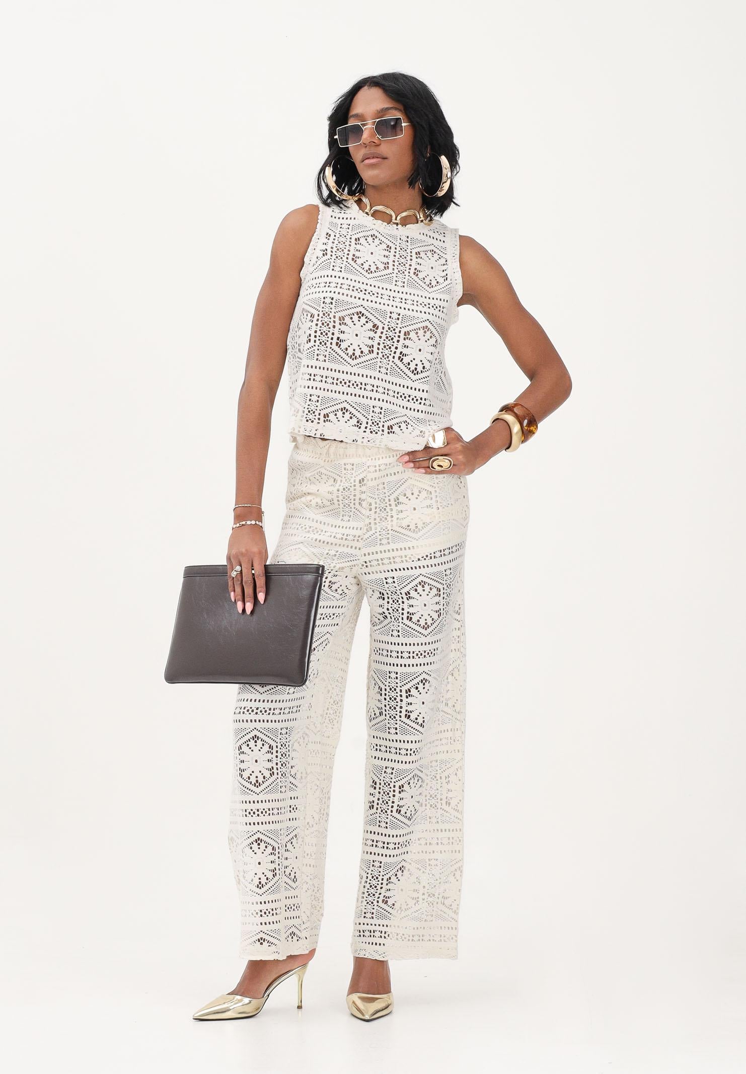 ONLY Pantalone panna da donna realizzato in raffinato tessuto pizzo lavorato 15372107 BI ONLY 