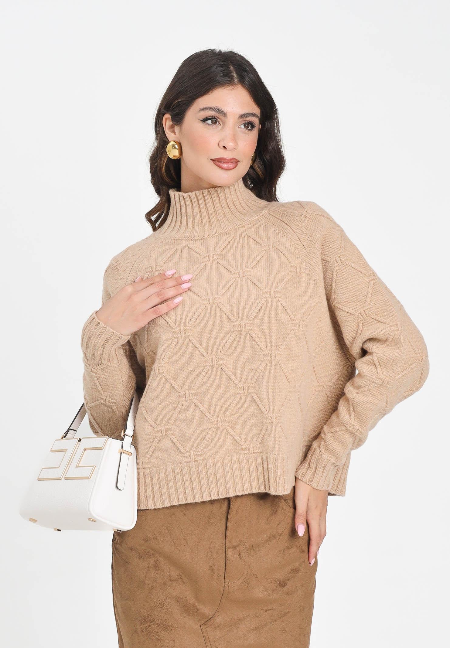 ELISABETTA FRANCHI Maglione a collo alto beige da donna con losanghe jacquard MK55T57E2 EA2 ELISABETTA FRANCHI 
