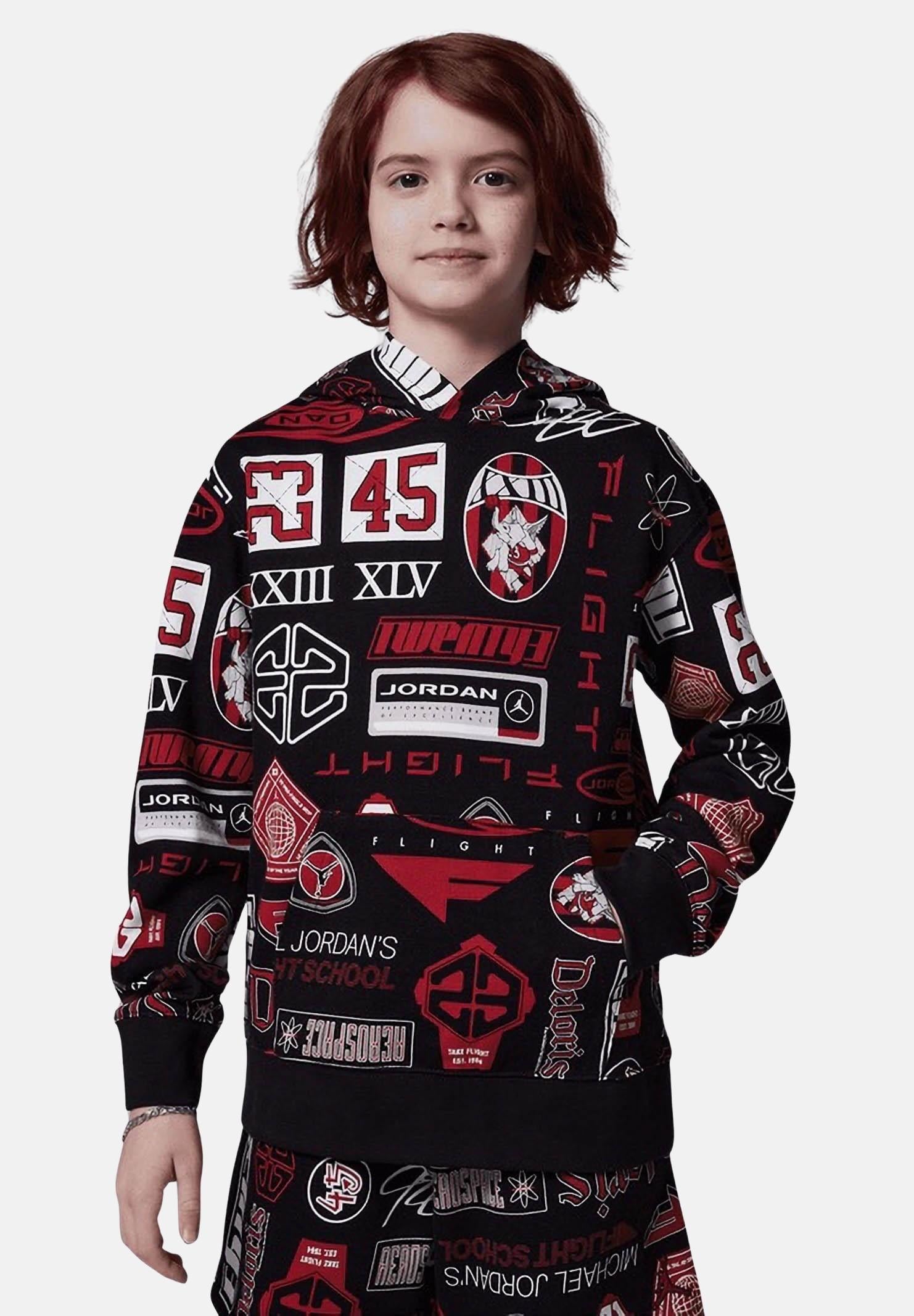 JORDAN Felpa con cappuccio French Terry Printed nera da bambino