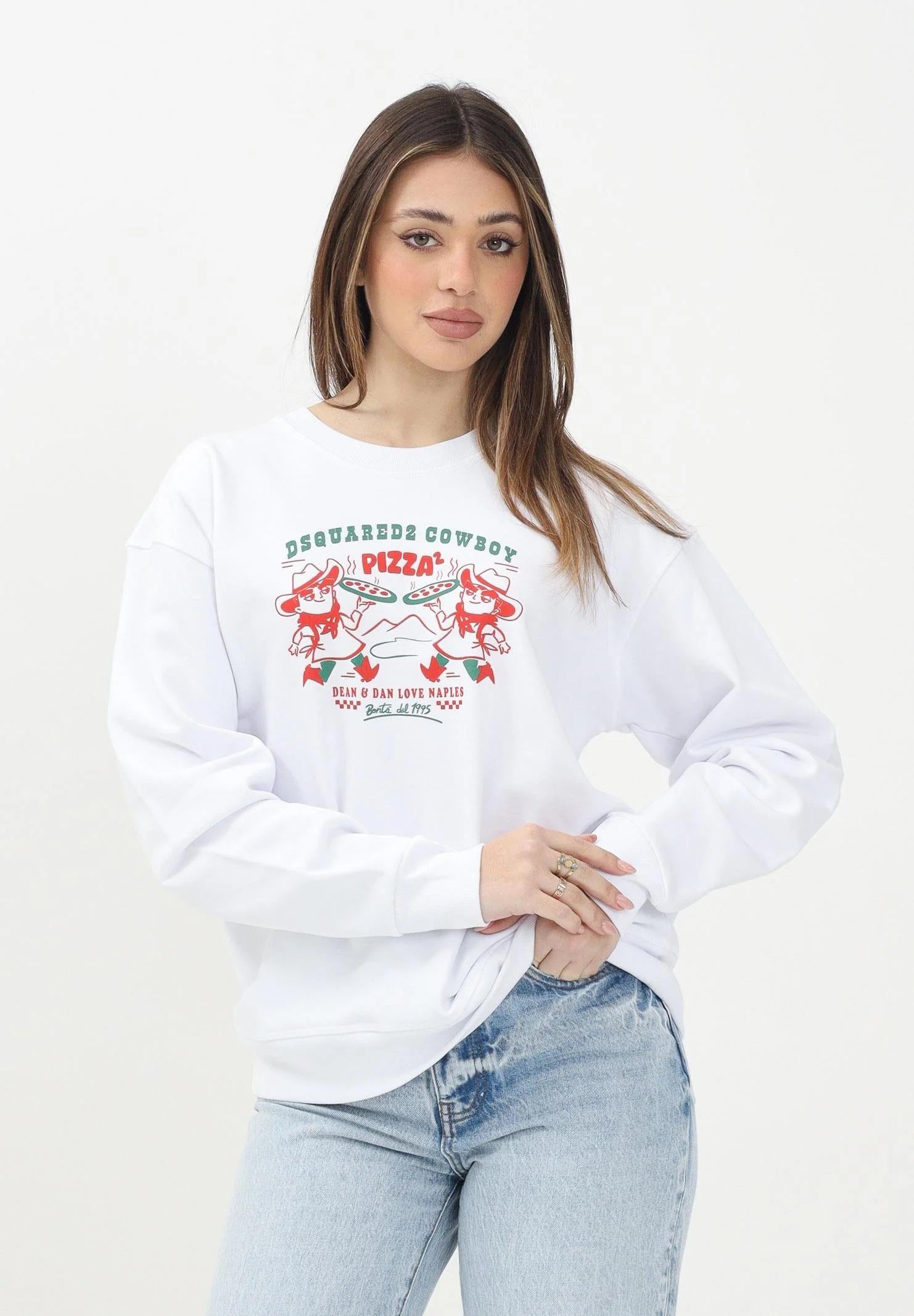 DSQUARED2 Felpa girocollo bianca per donna, ragazzi e bambini con grafica Cowboy Pizza DQ2977D0094 DQ100 DSQUARED2 