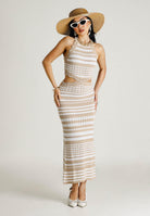 AKEP Abito lungo a righe bianco e beige da donna VSKD13206 V3 AKEP 