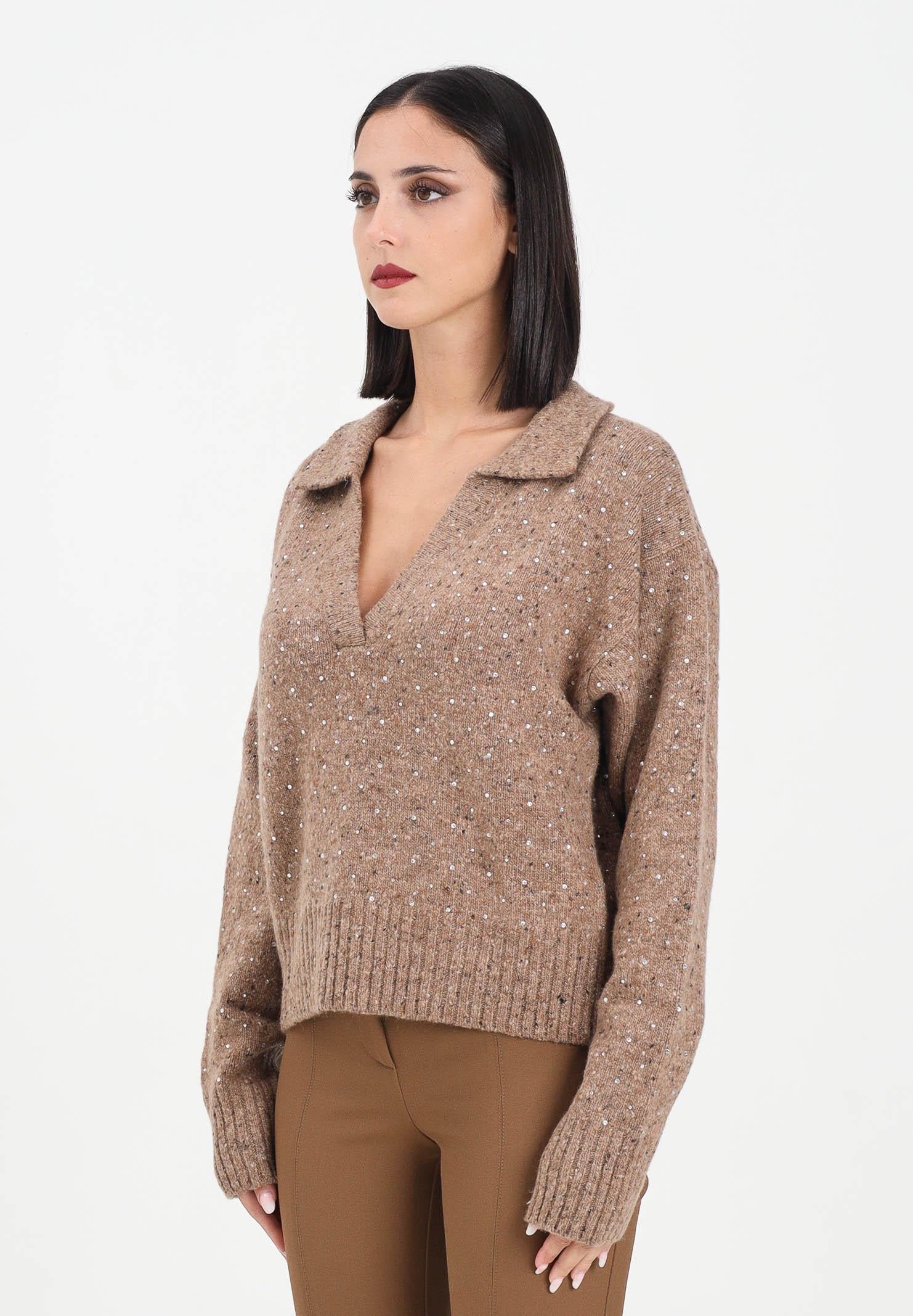 PINKO Maglioncino con scollo a V beige da donna realizzato in morbido tessuto con strass 105684A2U4 C3Z PINKO 