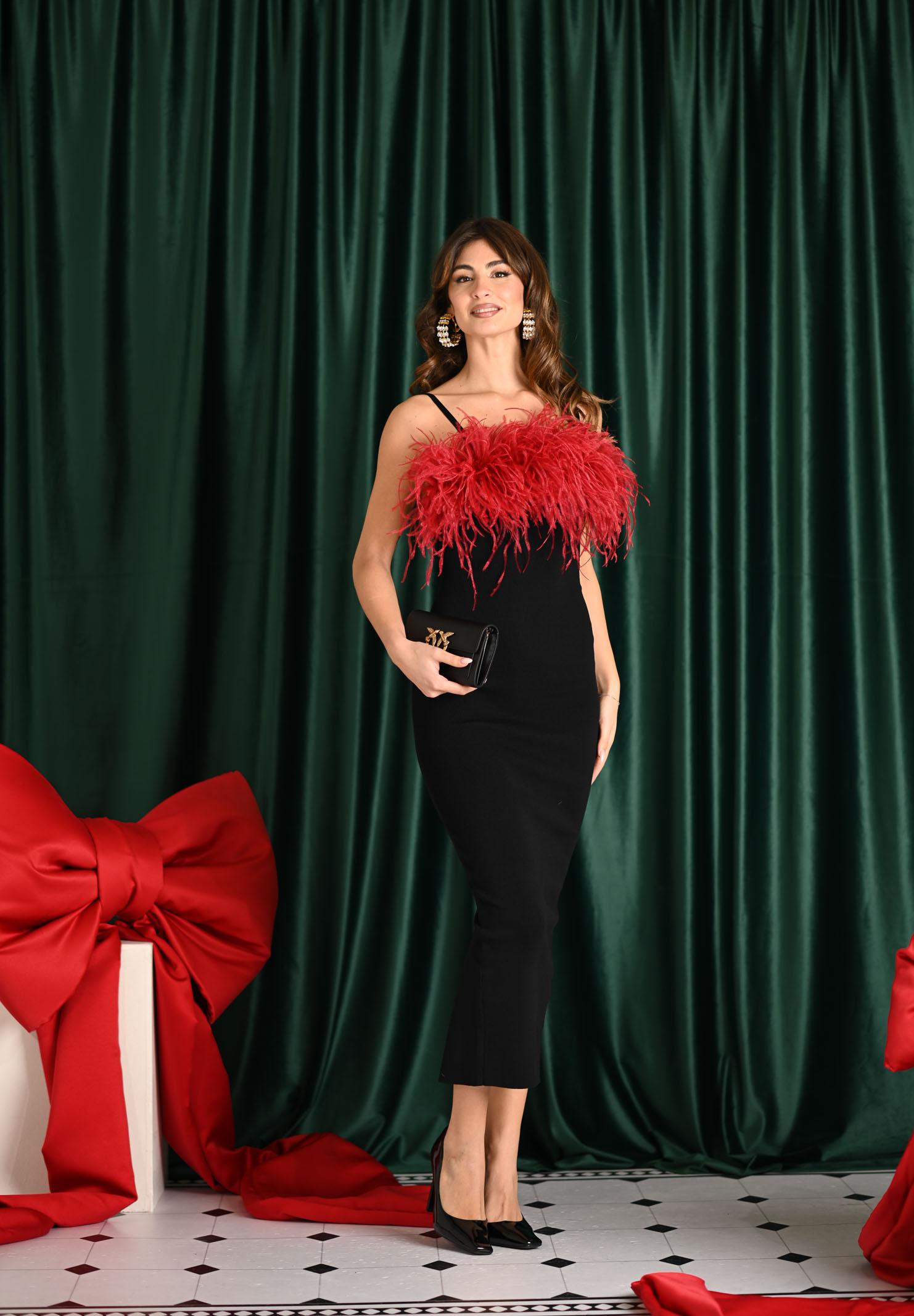 NOELL MAGGINI Abito midi nero da donna con piume bordeaux 00126083 NEBO NOELL MAGGINI 