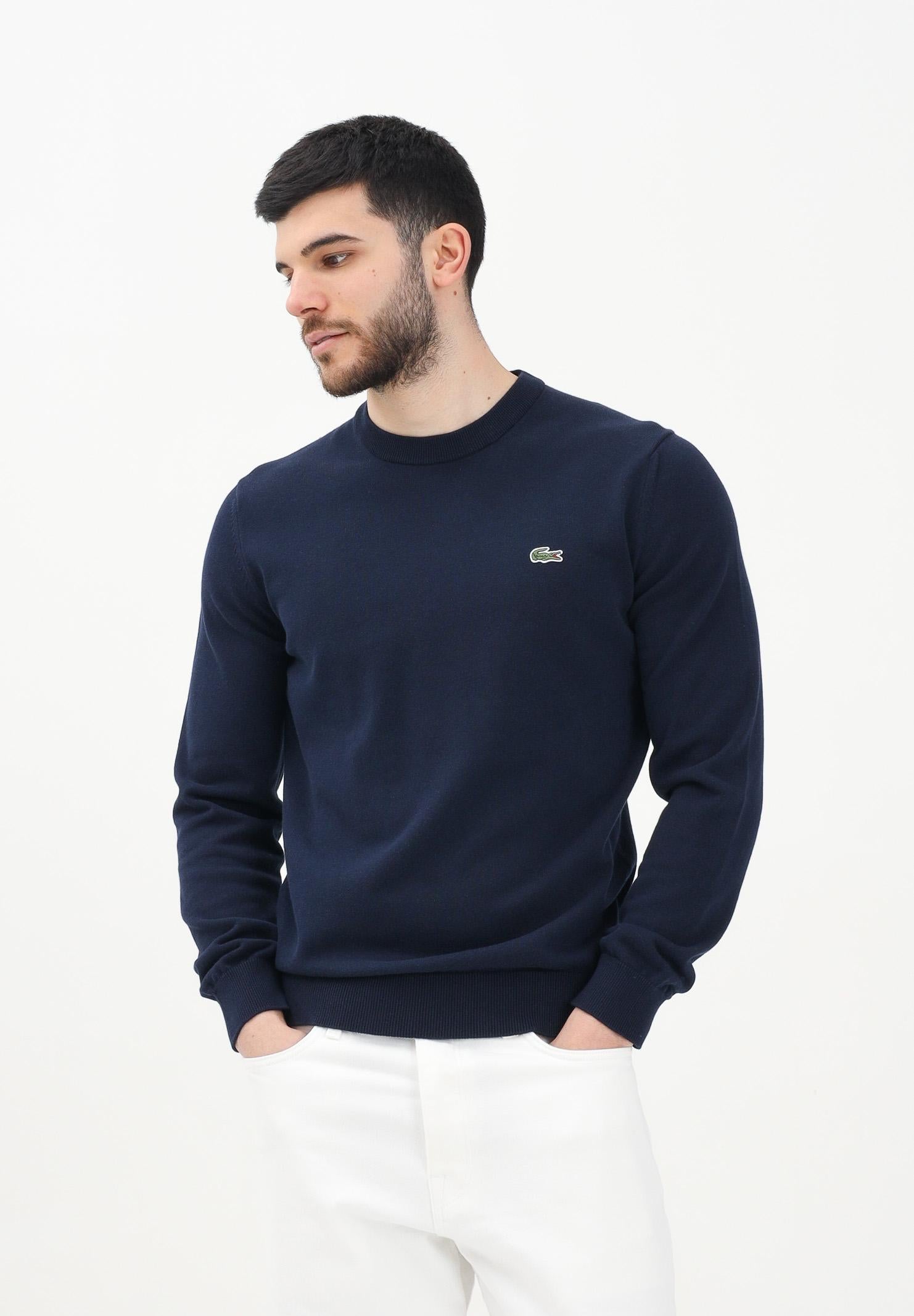 LACOSTE Maglioncino girocollo blu da uomo con patch logo