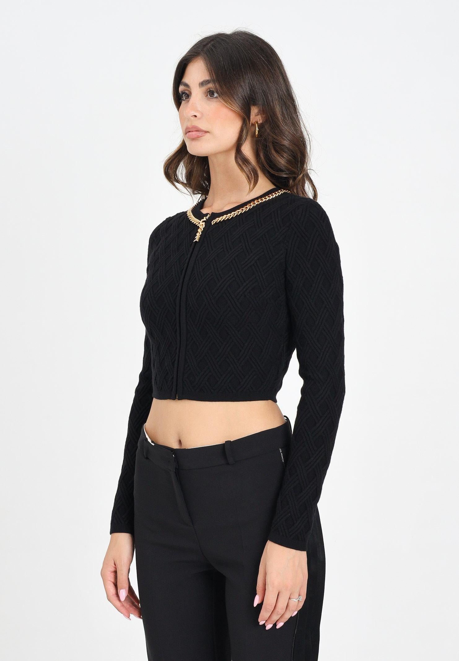 ELISABETTA FRANCHI Cardigan corto nero da donna in maglia a rombi con dettaglio gioiello MK29B56E2 110 ELISABETTA FRANCHI 