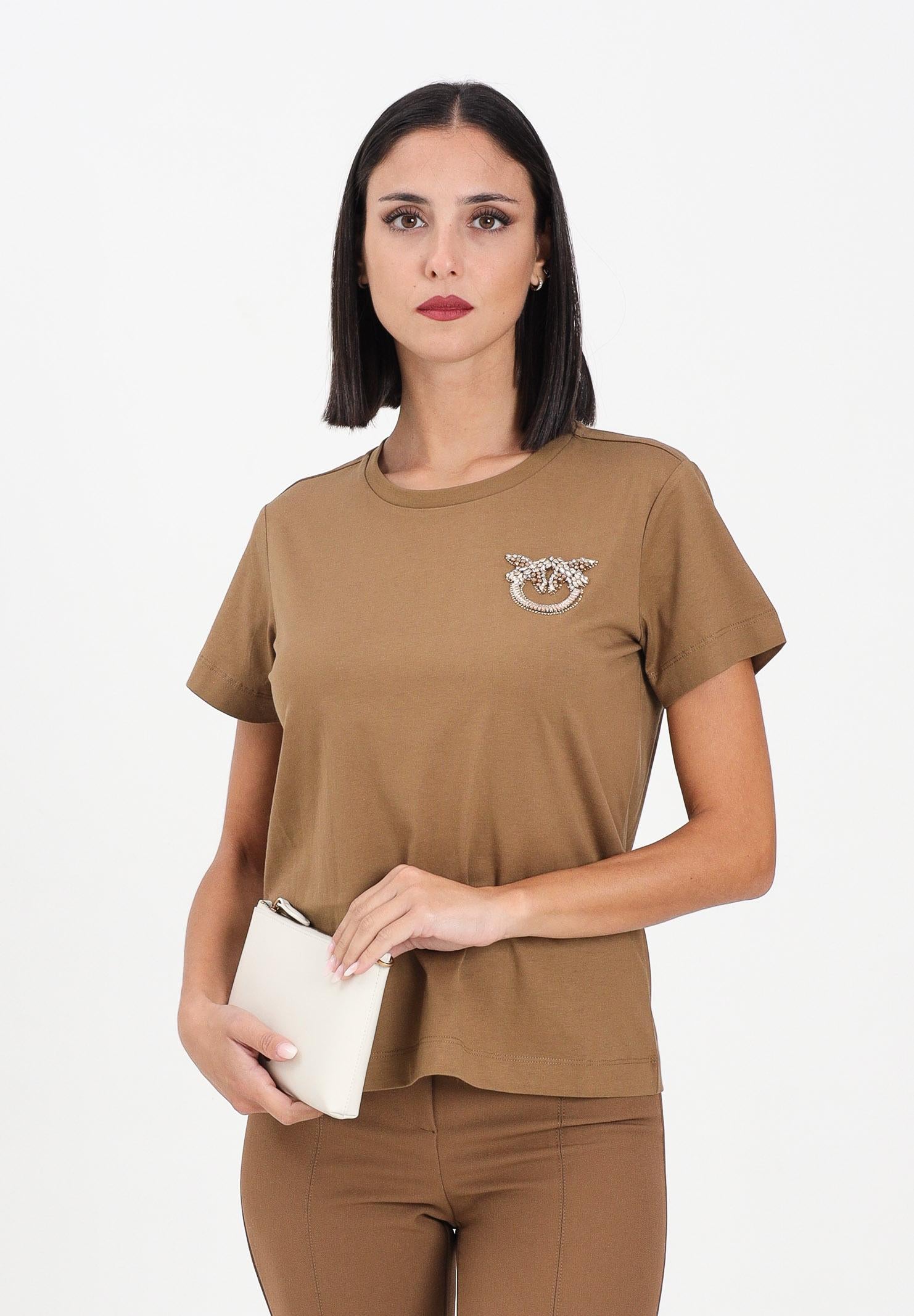 PINKO T-shirt a manica corta marrone da donna con ricamo logo Love Birds in cristalli 103320A2RN M10 PINKO 