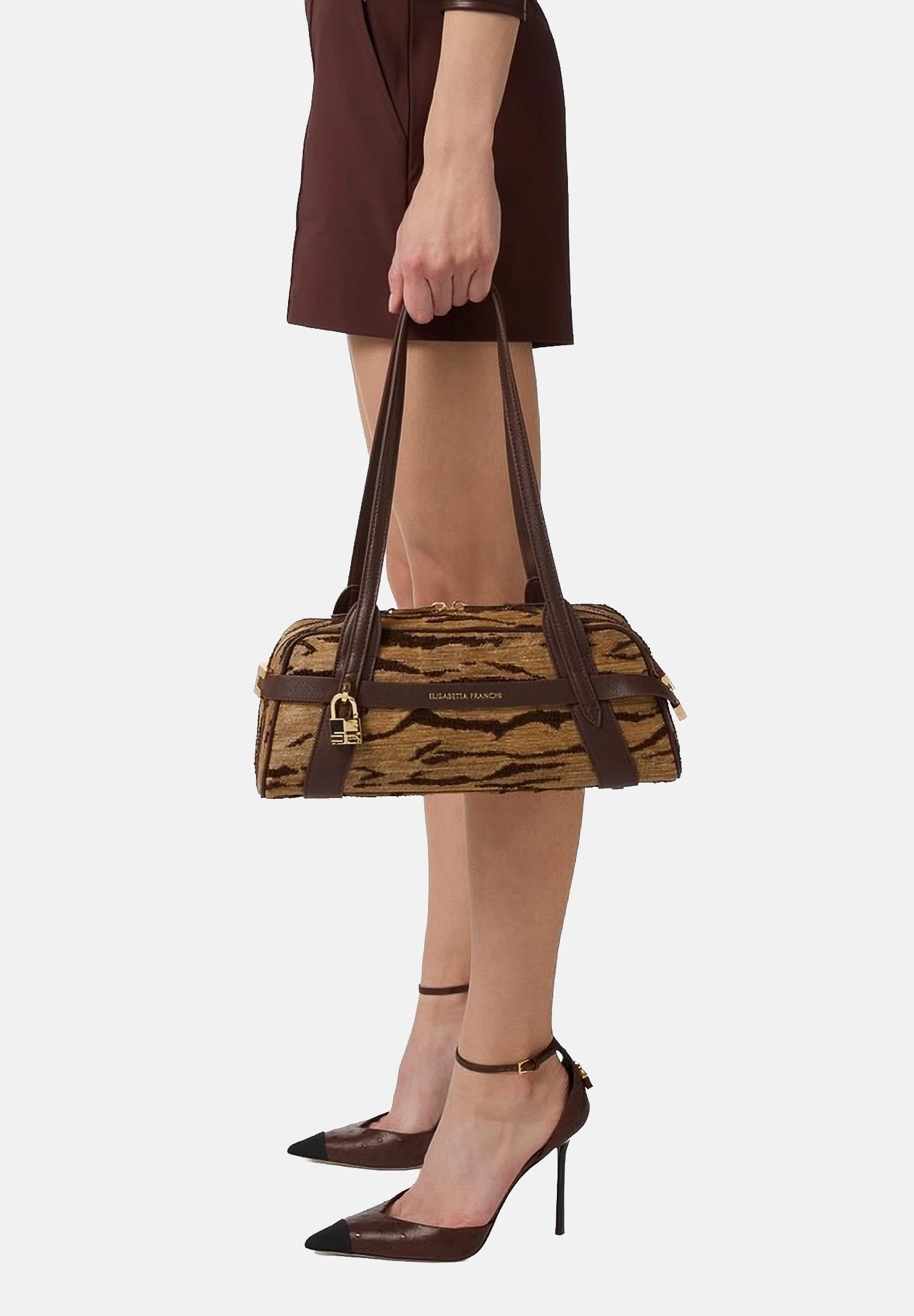 ELISABETTA FRANCHI Borsa a spalla cammello e marrone da donna con stampa tigre<BR/> BS11A62E2 470 ELISABETTA FRANCHI 
