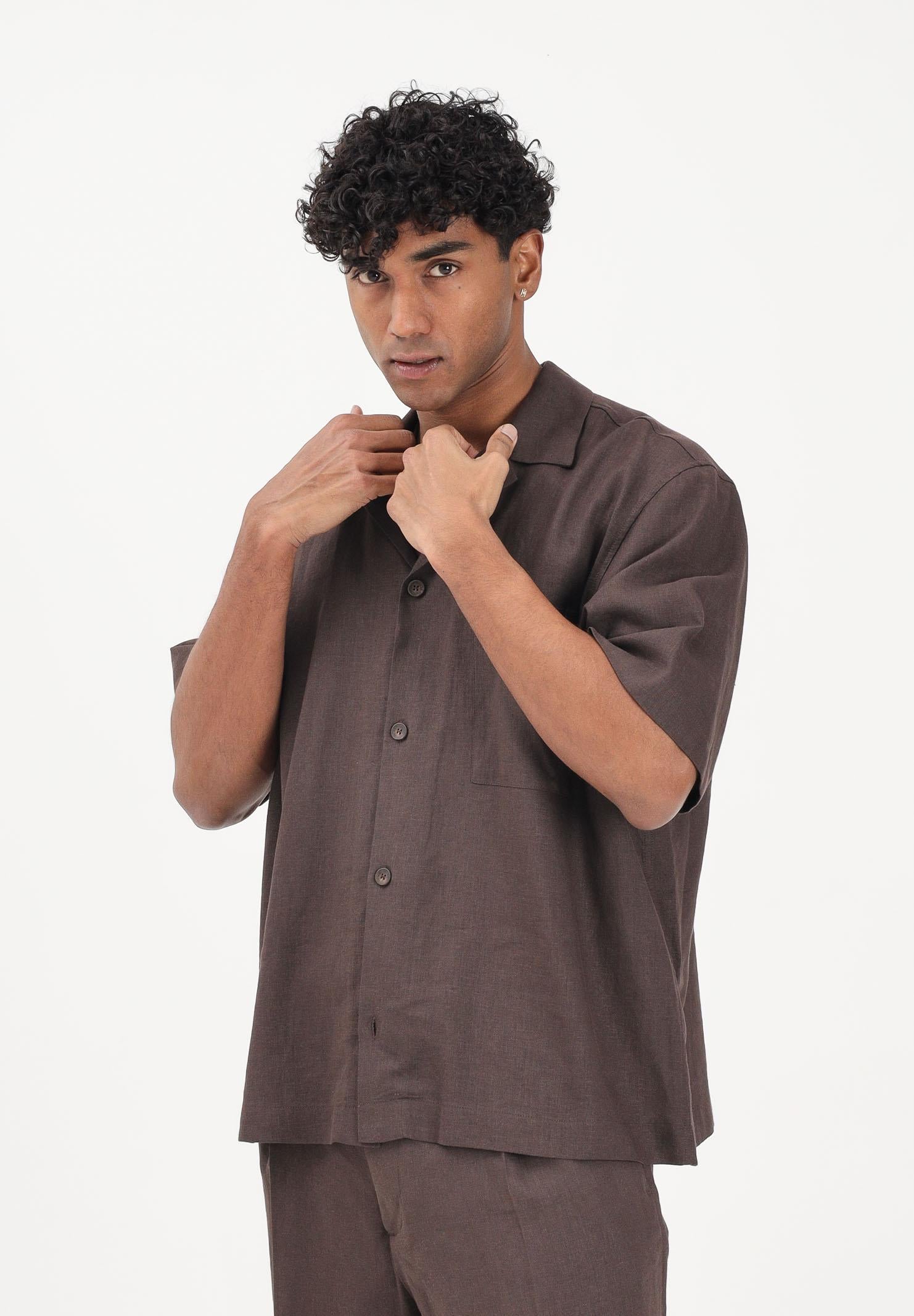 I'M BRIAN Camicia a manica corta in lino marrone da uomo CA3637 020 I'M BRIAN 