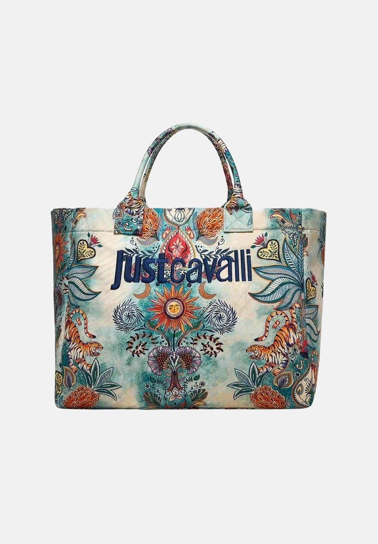 JUST CAVALLI Borsa mare panna e azzurra da donna con stampa artistica all-over 80RA4BS1ZG426 R86 JUST CAVALLI 