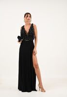 ELISABETTA FRANCHI Abito lungo nero da donna in tulle e jersey con cristalli<BR/> ABR1957E2 110 ELISABETTA FRANCHI 