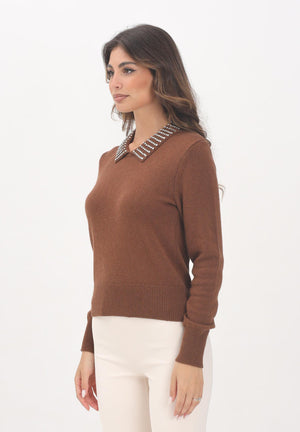 PINKO Maglioncino marrone da donna con colletto impreziosito da pietre gioiello 105530A2S4 L81 PINKO 