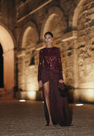 ELISABETTA FRANCHI Abito lungo bordeaux da donna in tulle e jersey con paillettes ABR2057E2 CG3 ELISABETTA FRANCHI 