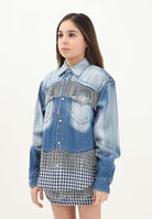 DSQUARED2 Camicia a manica lunga in denim blu per donna e bambina con inserti in tessuto e strass DQ2835D0ACG DQ01 DSQUARED2 