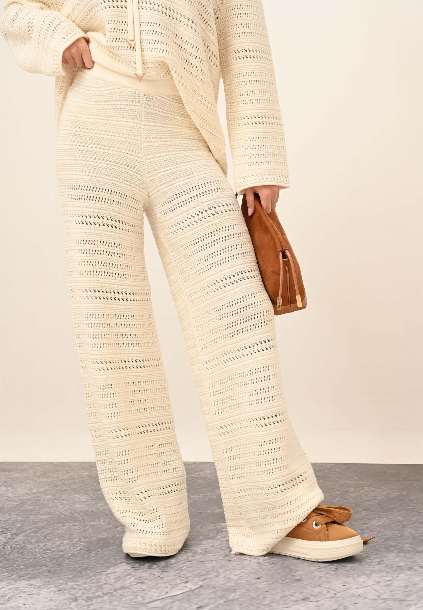 AKEP Pantalone panna da donna in maglia traforata PTKD11005 V2 AKEP 