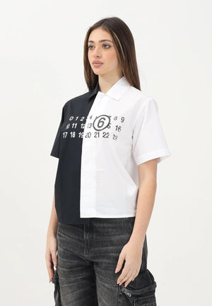 MAISON MARGIELA Camicia a maniche corte bianca e nera per donna, ragazzi e bambini con stampa Numbers M60761MM014 M6C10 MAISON MARGIELA 