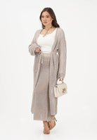 AKEP Cardigan lungo beige da donna in maglia traforata con cintura MGKD13036 V3 AKEP 