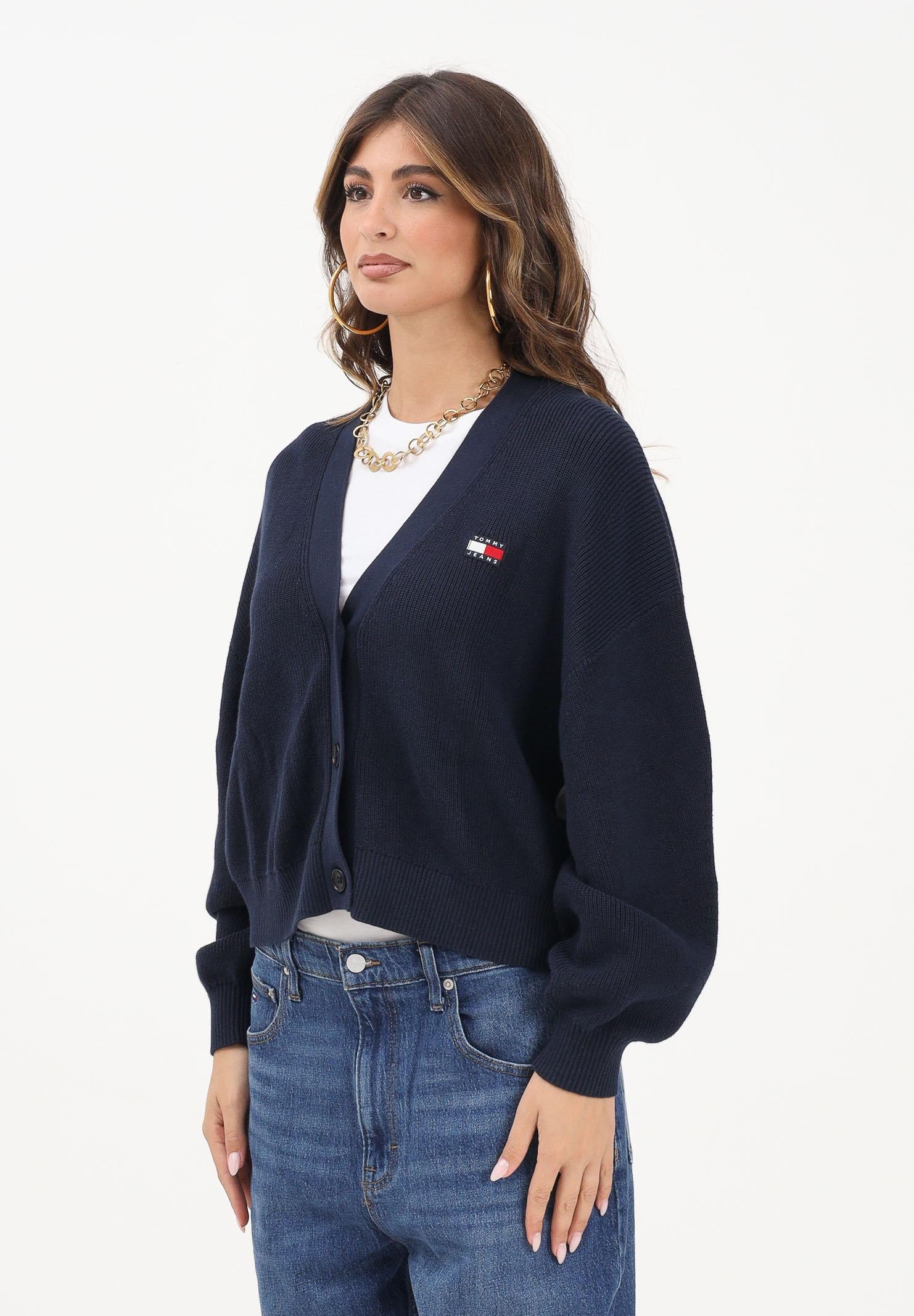 TOMMY JEANS Cardigan blu da donna con ricamo bandiera sul retro DW0DW18335C1G  TOMMY JEANS 