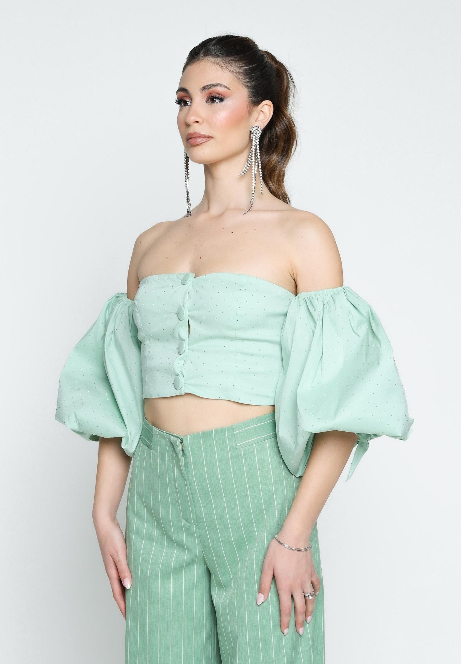 SANTAS Top SWEET CLOUD verde menta da donna interamente ricoperto di strass PV2501 VERDE SANTAS 