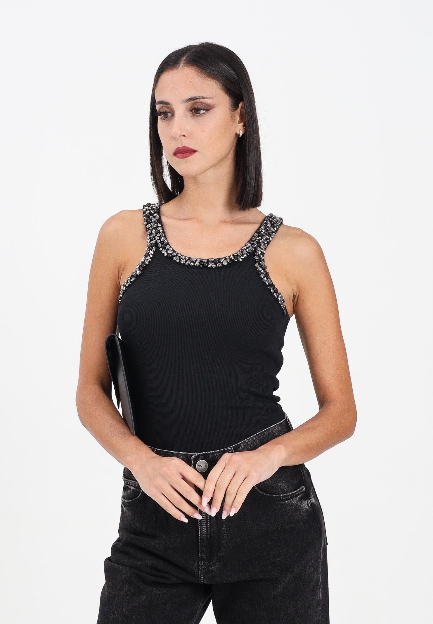 PINKO Canotta nera da donna con ricami gioiello 104109A2TM Z99 PINKO 