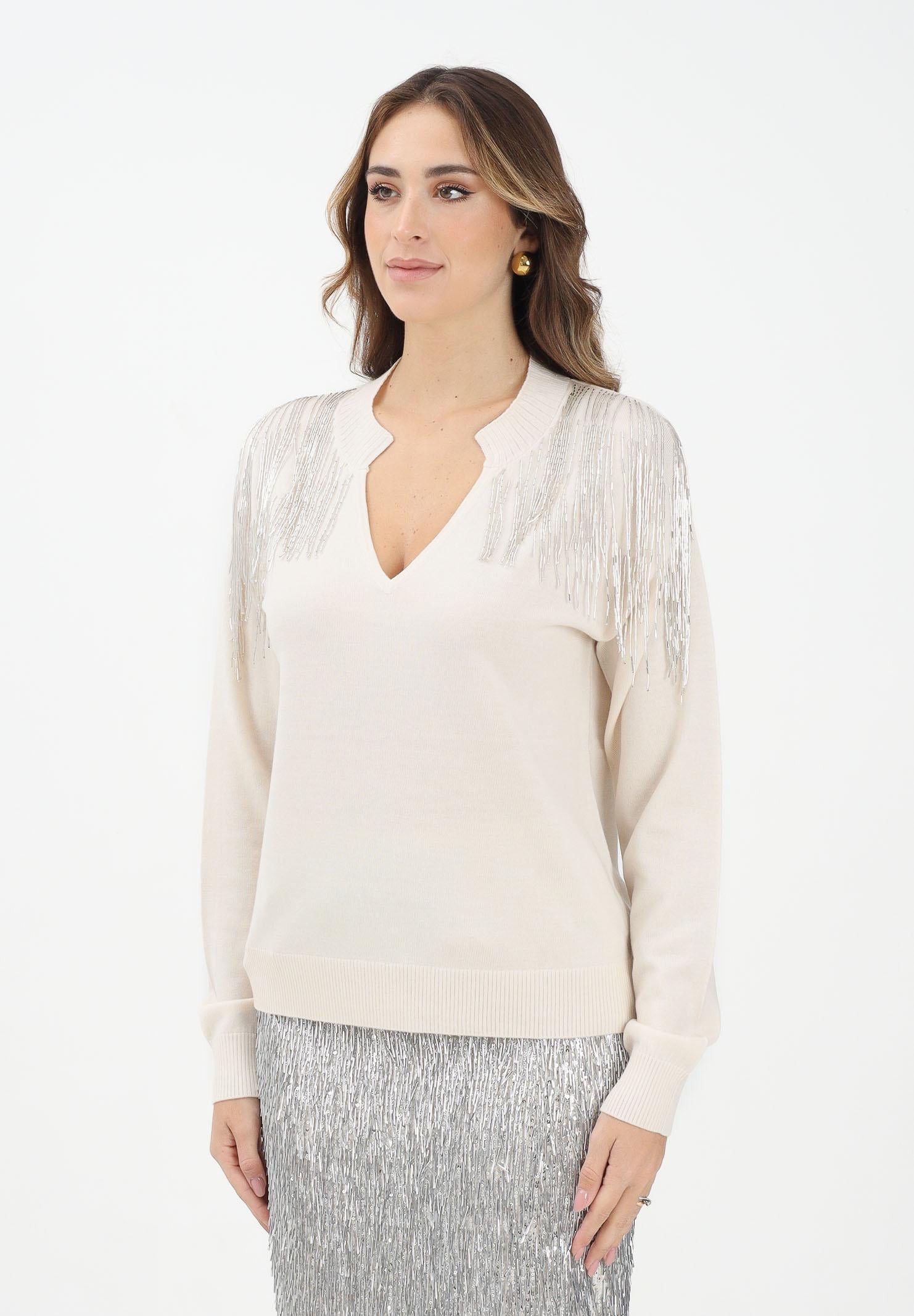 PATRIZIA PEPE Maglioncino scollo a v panna da donna con strass sulle spalle 2K0332K295 W405 PATRIZIA PEPE 