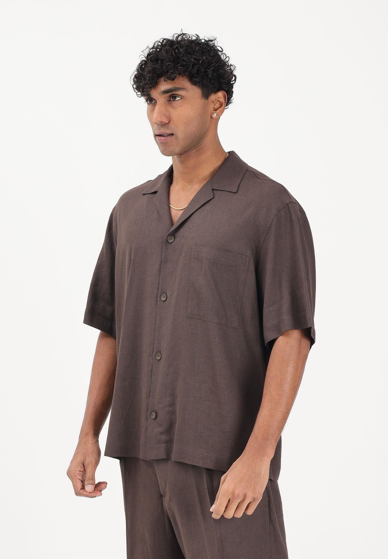 I'M BRIAN Camicia a manica corta in lino marrone da uomo CA3637 020 I'M BRIAN 