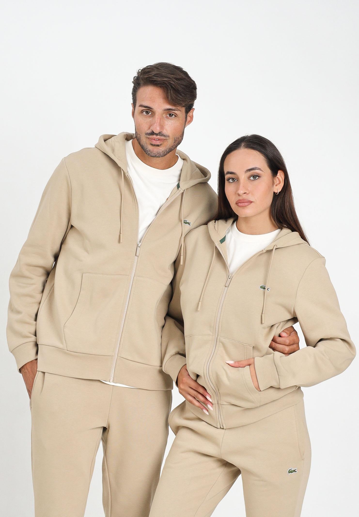 LACOSTE Felpa con zip beige per uomo e donna rifinita da ricamo coccodrillo SH9626 02S LACOSTE 
