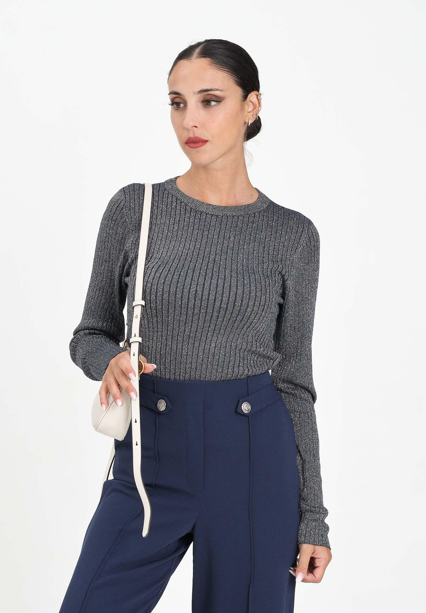 JDY Maglioncino girocollo blu da donna in tessuto a costine con delicato filo lurex 15330569 TotalEclipse JDY 