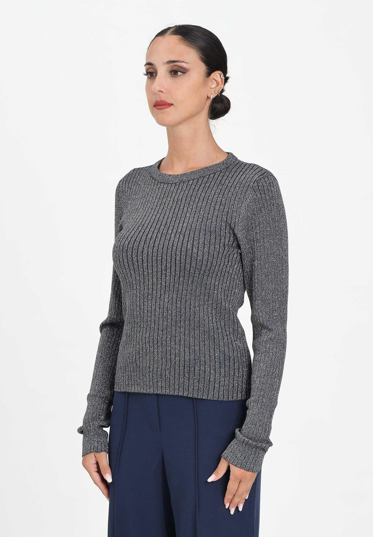 JDY Maglioncino girocollo blu da donna in tessuto a costine con delicato filo lurex 15330569 TotalEclipse JDY 